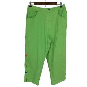 Quacker Factory Green Embroidered Floral Capri Pants Womens Size M
